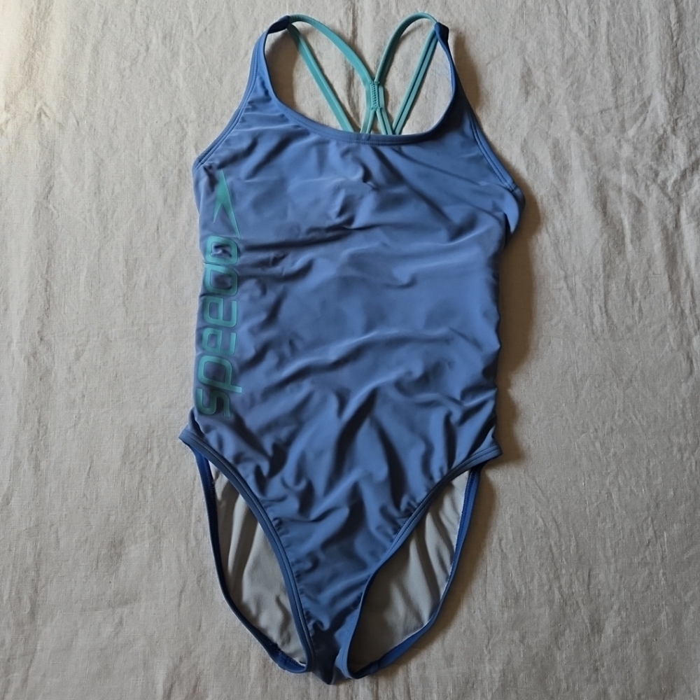 Speedo Blue Greyish One-Piece Swimwear Racerback Athletic Cut Size 8 - Picture 2 of 15